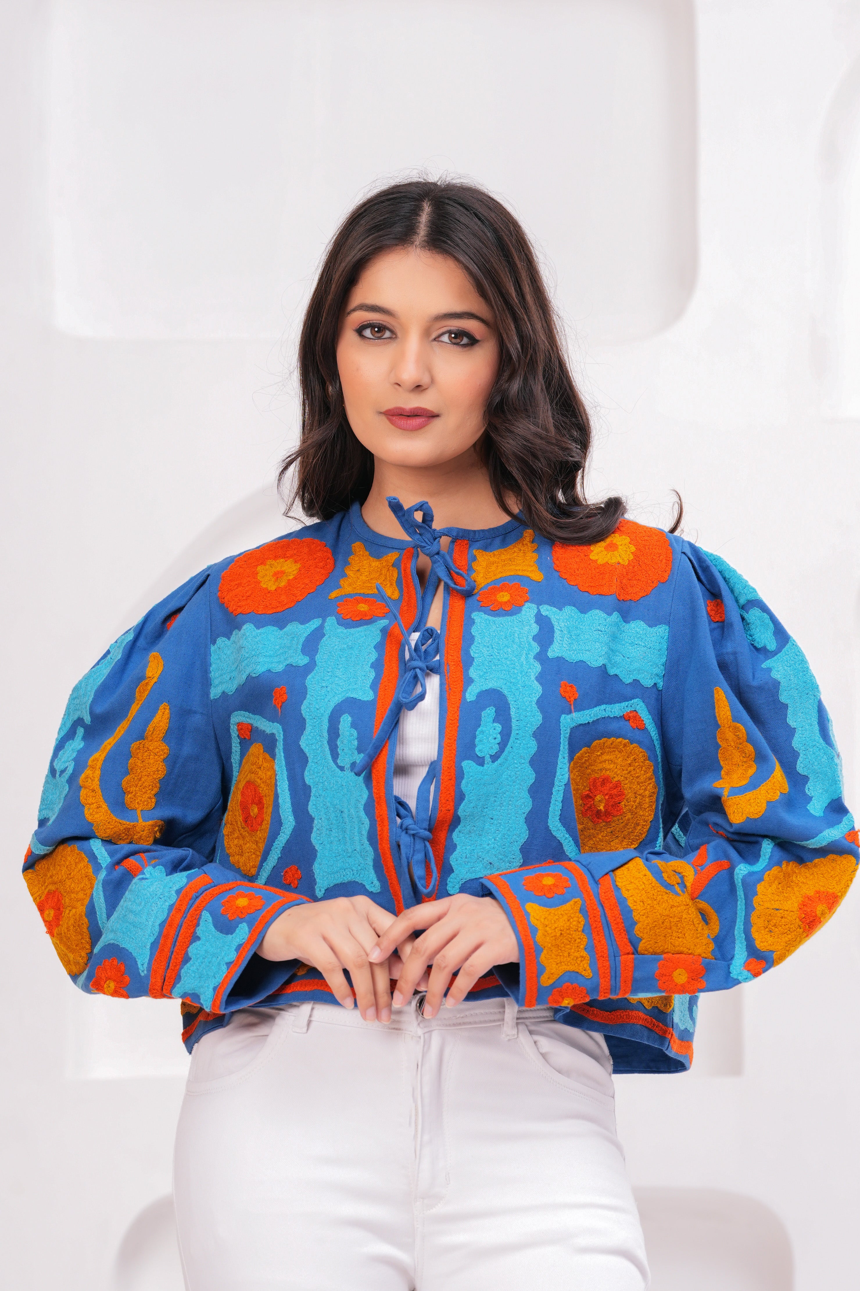 Hand Printed Quilted Cotton Jacket: Blue Floral Jacket